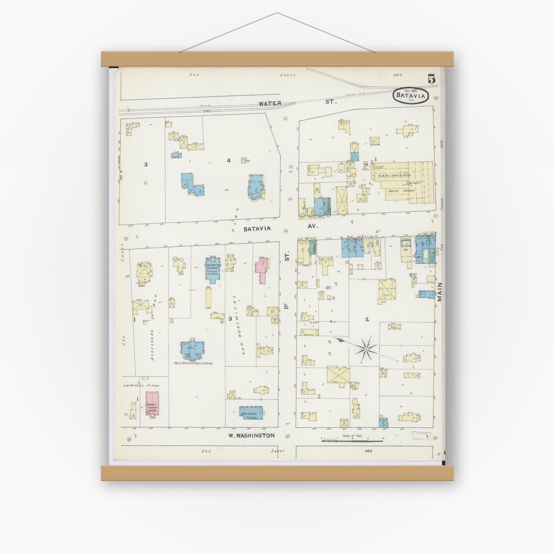 Old map wall art mockup — magnetic wood frame on white wall — Sanborn Fire Insurance Map from Batavia, Kane County, Illinois (1891), Sheet #0005