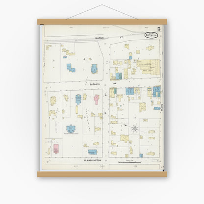 Old map wall art mockup — magnetic wood frame on white wall — Sanborn Fire Insurance Map from Batavia, Kane County, Illinois (1891), Sheet #0005