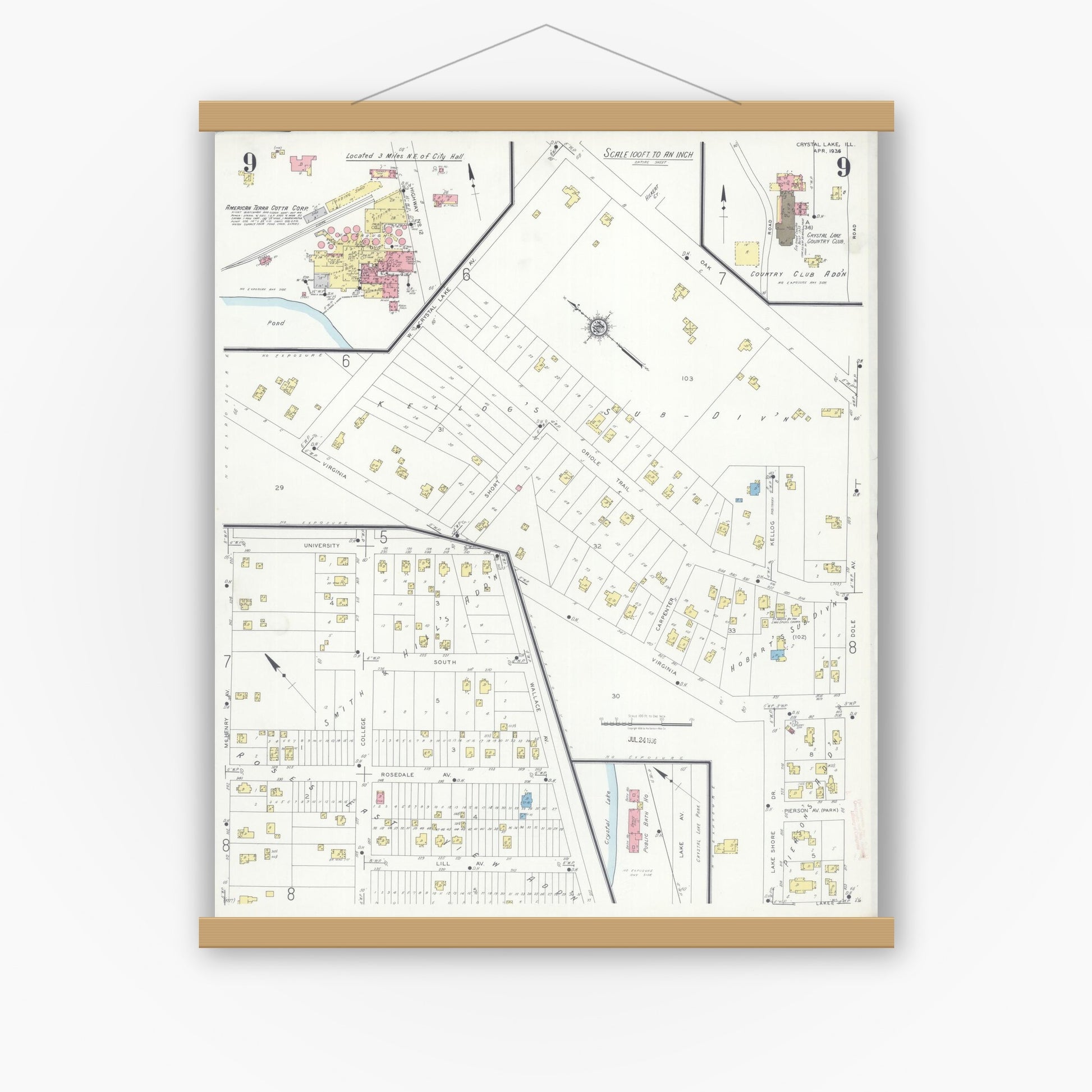Old map wall art mockup — magnetic wood frame on white wall — Sanborn Fire Insurance Map from Crystal Lake, McHenry County, Illinois (1936), Sheet #0009