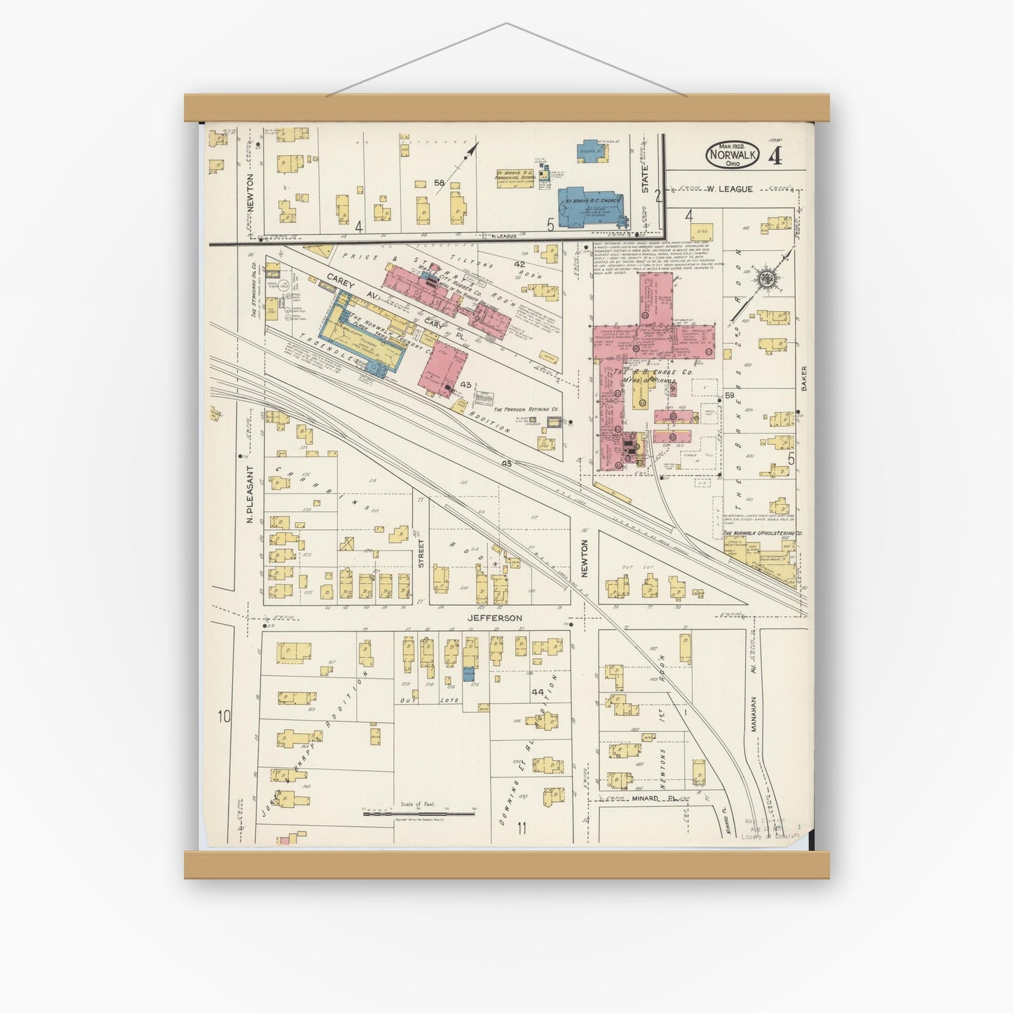 Old map wall art mockup — magnetic wood frame on white wall — Sanborn Fire Insurance Map from Norwalk, Huron County, Ohio (1922), Sheet #0004