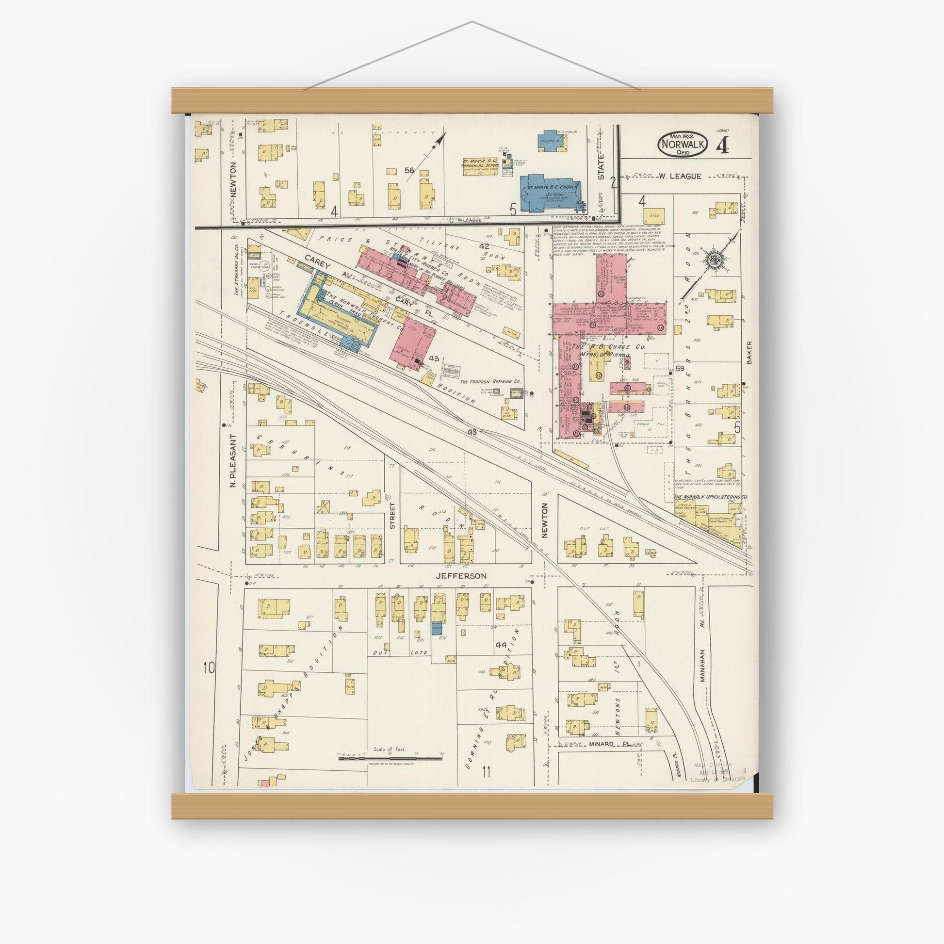 Old map wall art mockup — magnetic wood frame on white wall — Sanborn Fire Insurance Map from Norwalk, Huron County, Ohio (1922), Sheet #0004