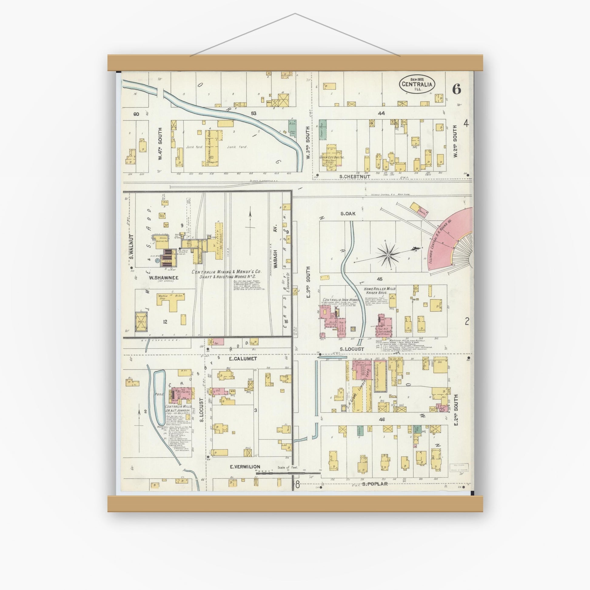 Old map wall art mockup — magnetic wood frame on white wall — Sanborn Fire Insurance Map from Centralia, Marion, Clinton, Jefferson, and Washington Counties, Illinois (1902), Sheet #0006