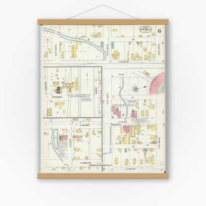 Old map wall art mockup — magnetic wood frame on white wall — Sanborn Fire Insurance Map from Centralia, Marion, Clinton, Jefferson, and Washington Counties, Illinois (1902), Sheet #0006
