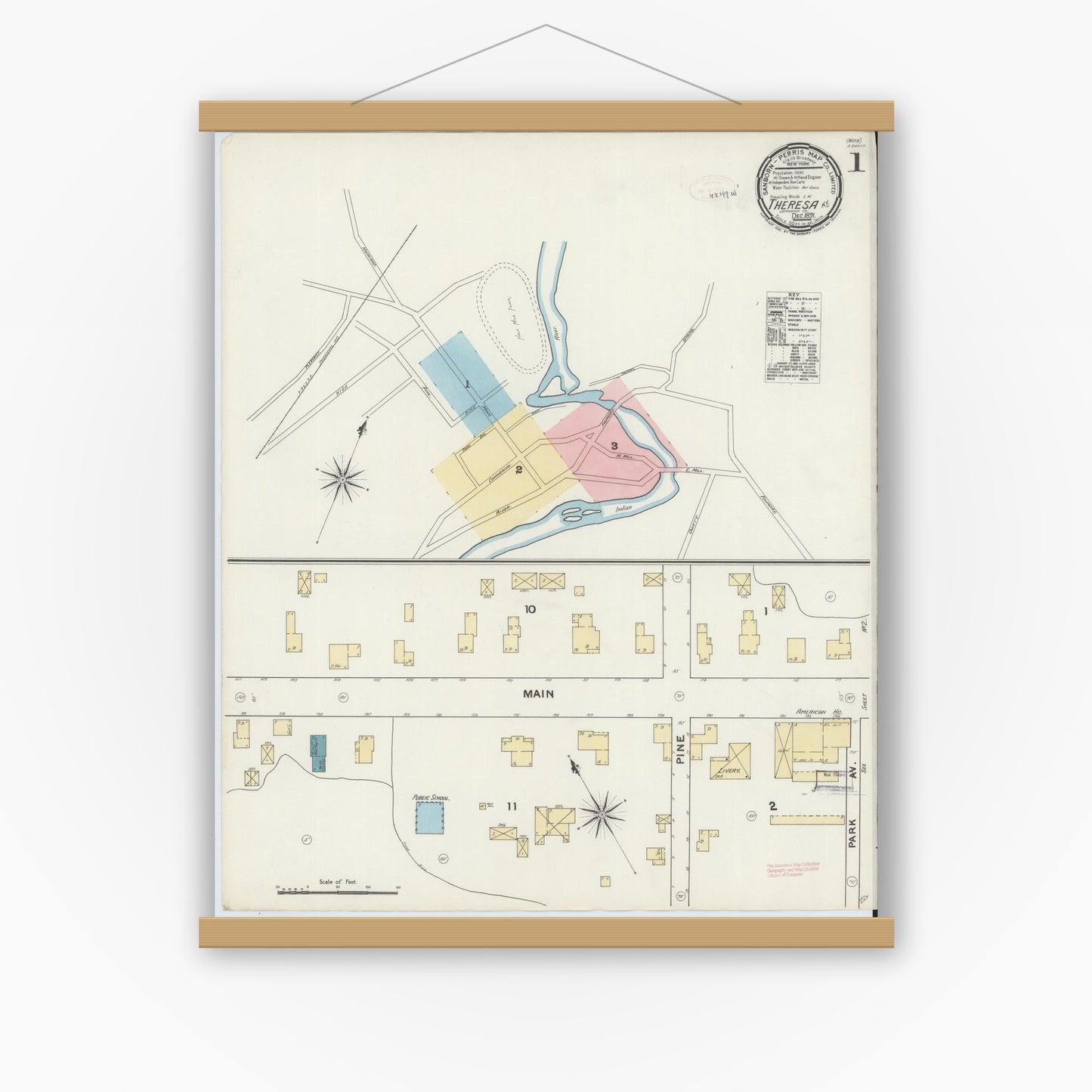 Old map wall art mockup — magnetic wood frame on white wall — Sanborn Fire Insurance Map from Theresa, Jefferson County, New York (1891), Sheet #0001