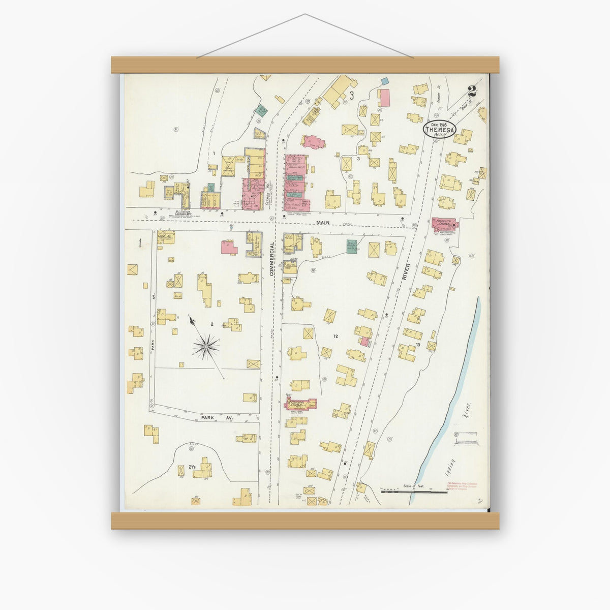 Old map wall art mockup — magnetic wood frame on white wall — Sanborn Fire Insurance Map from Theresa, Jefferson County, New York (1905), Sheet #0002