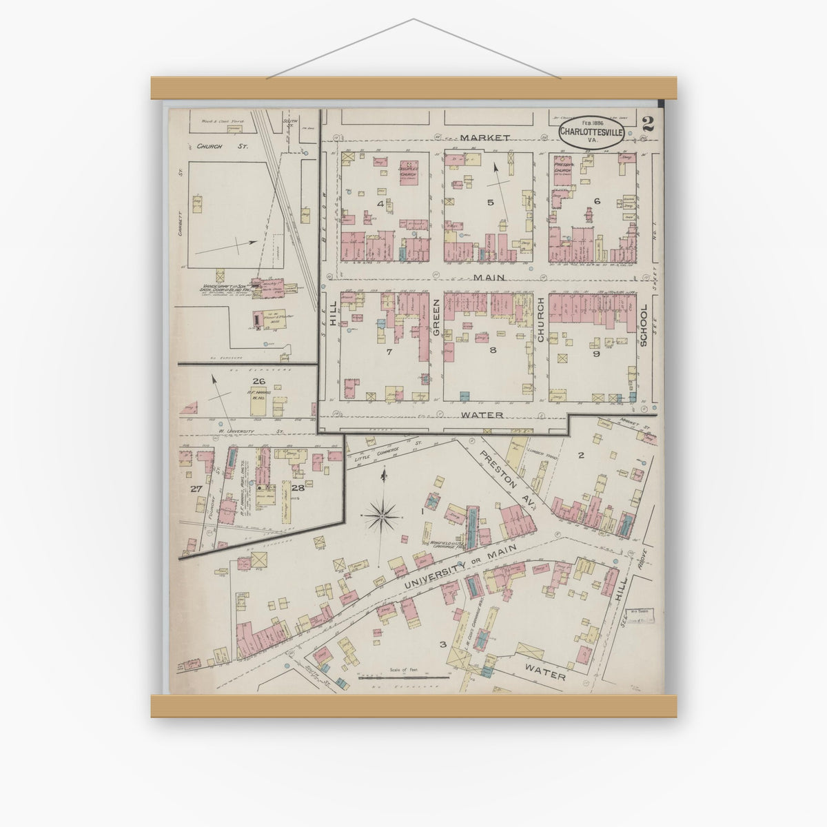 Old map wall art mockup — magnetic wood frame on white wall — Sanborn Fire Insurance Map from Charlottesville, Independent Cities, Virginia (1886), Sheet #0002