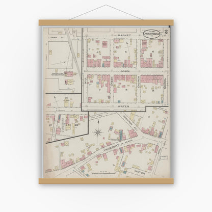 Old map wall art mockup — magnetic wood frame on white wall — Sanborn Fire Insurance Map from Charlottesville, Independent Cities, Virginia (1886), Sheet #0002