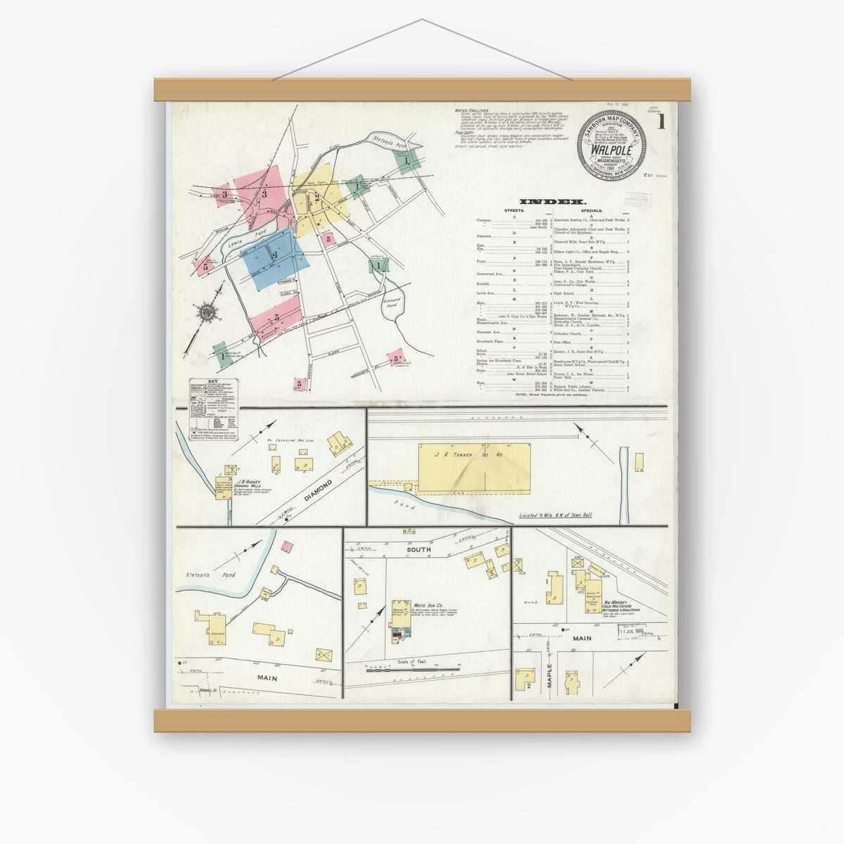 Old map wall art mockup — magnetic wood frame on white wall — Sanborn Fire Insurance Map from Walpole, Norfolk County, Massachusetts (1911) - Complete Map Set