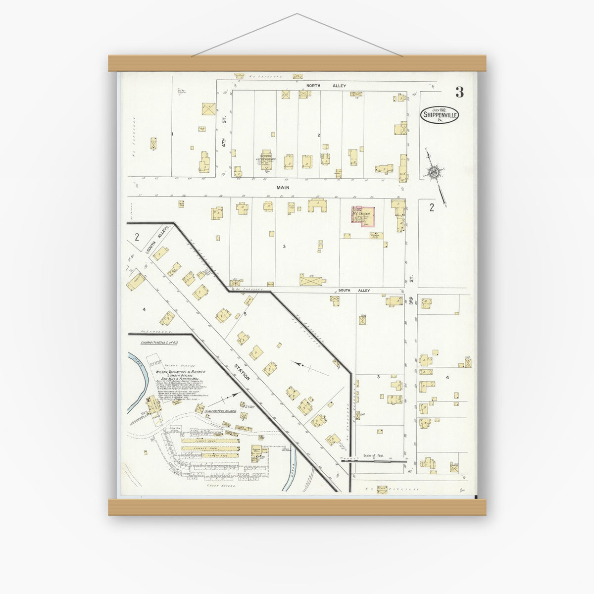 Old map wall art mockup — magnetic wood frame on white wall — Sanborn Fire Insurance Map from Shippenville, Clarion County, Pennsylvania (1912), Sheet #0003