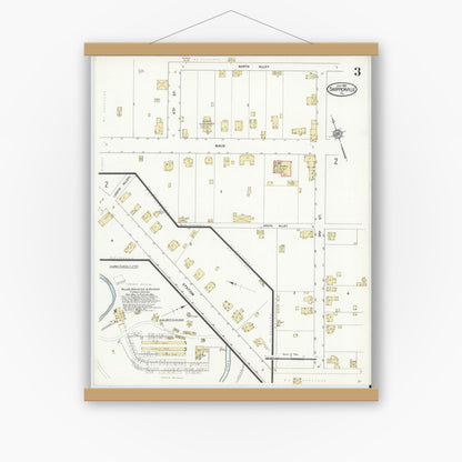 Old map wall art mockup — magnetic wood frame on white wall — Sanborn Fire Insurance Map from Shippenville, Clarion County, Pennsylvania (1912), Sheet #0003