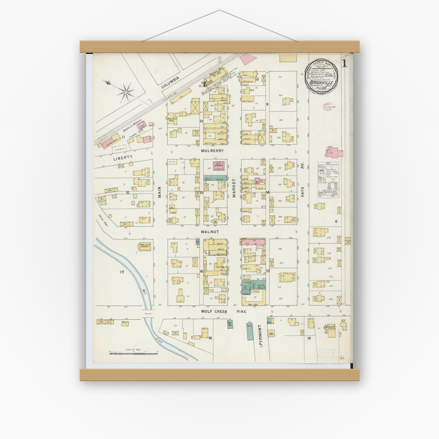 Old map wall art mockup — magnetic wood frame on white wall — Sanborn Fire Insurance Map from Brookville, Montgomery County, Ohio (1895) - Complete Map Set