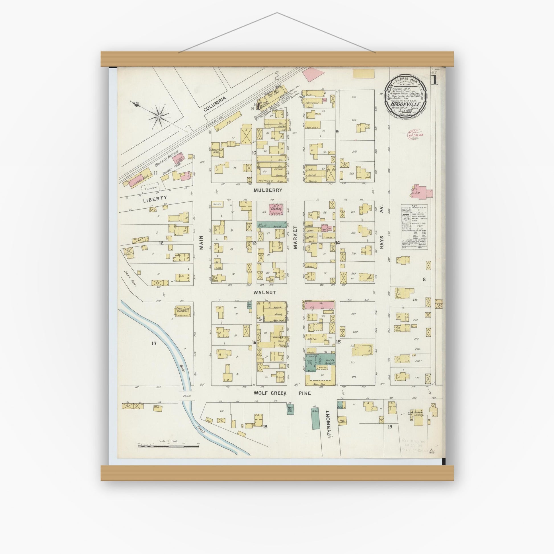Old map wall art mockup — magnetic wood frame on white wall — Sanborn Fire Insurance Map from Brookville, Montgomery County, Ohio (1895) - Complete Map Set