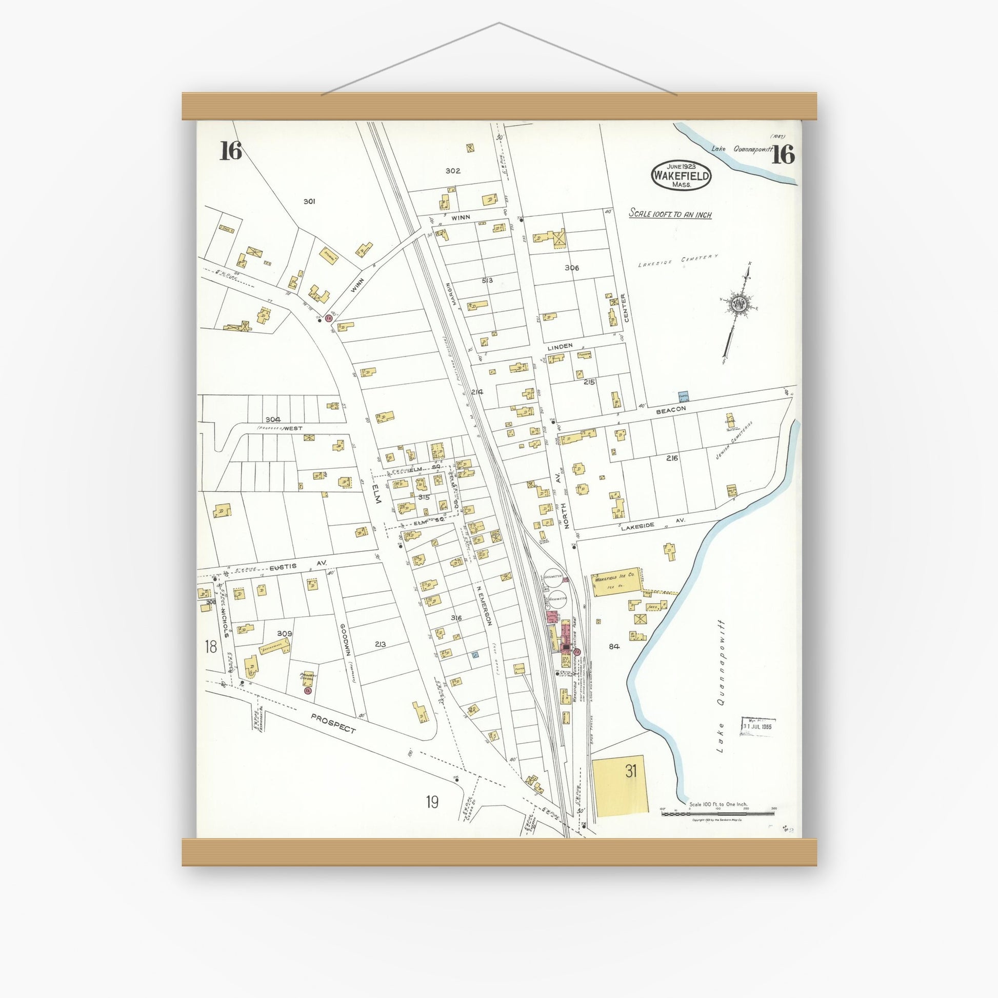 Old map wall art mockup — magnetic wood frame on white wall — Sanborn Fire Insurance Map from Wakefield, Middlesex County, Massachusetts (1923), Sheet #0016