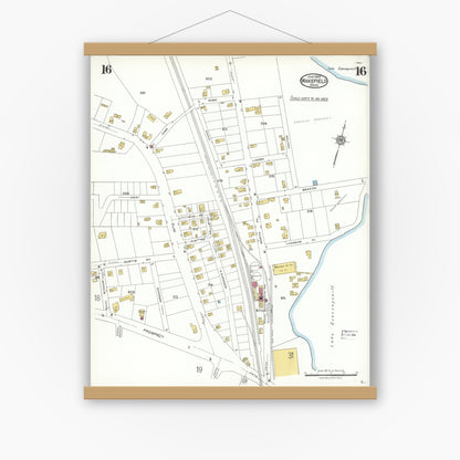 Old map wall art mockup — magnetic wood frame on white wall — Sanborn Fire Insurance Map from Wakefield, Middlesex County, Massachusetts (1923), Sheet #0016