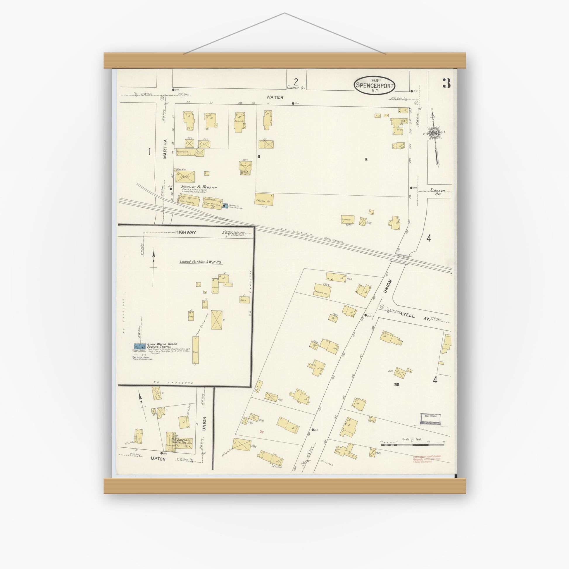 Old map wall art mockup — magnetic wood frame on white wall — Sanborn Fire Insurance Map from Spencerport, Monroe County, New York (1911), Sheet #0003