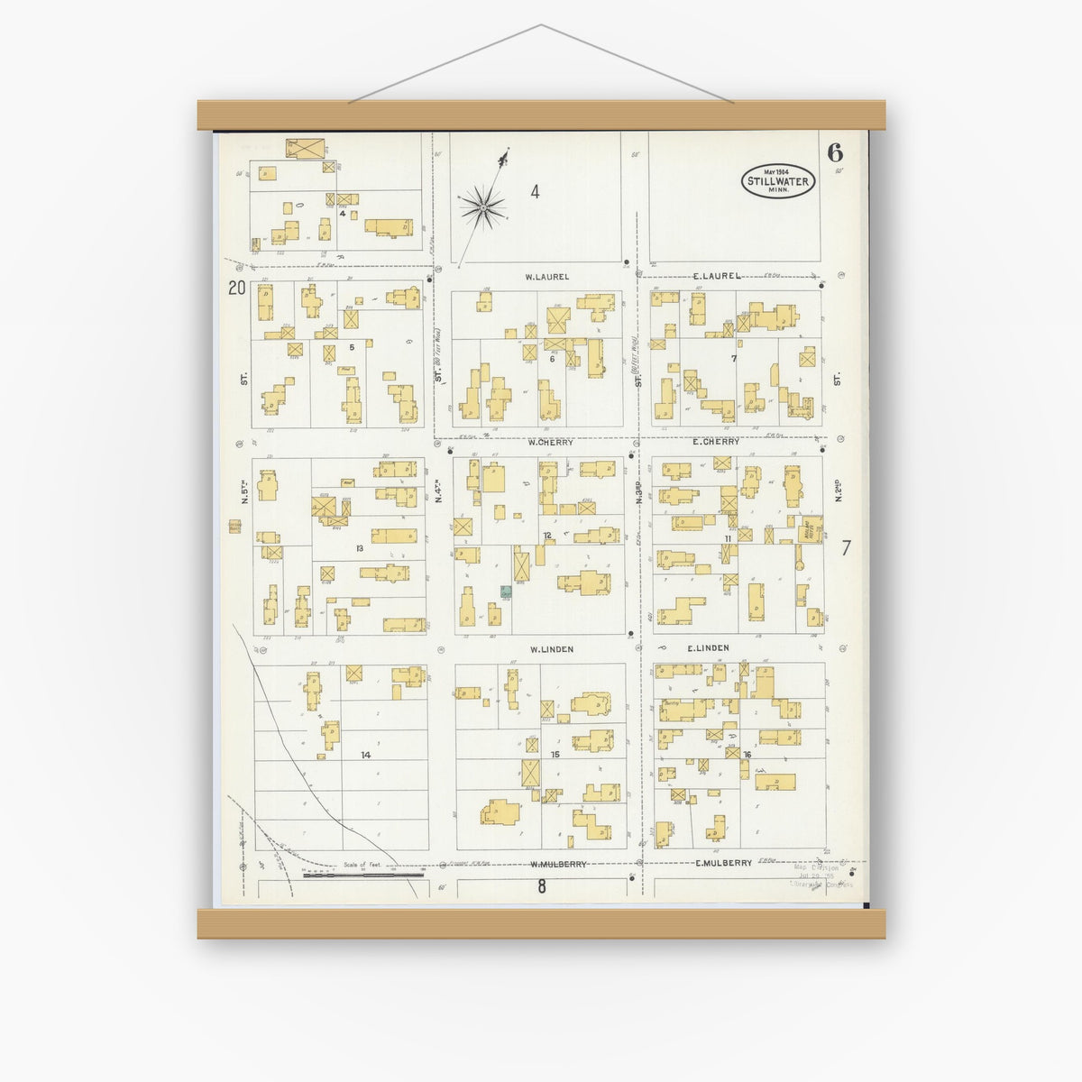 Old map wall art mockup — magnetic wood frame on white wall — Sanborn Fire Insurance Map from Stillwater, Washington County, Minnesota (1904), Sheet #0006