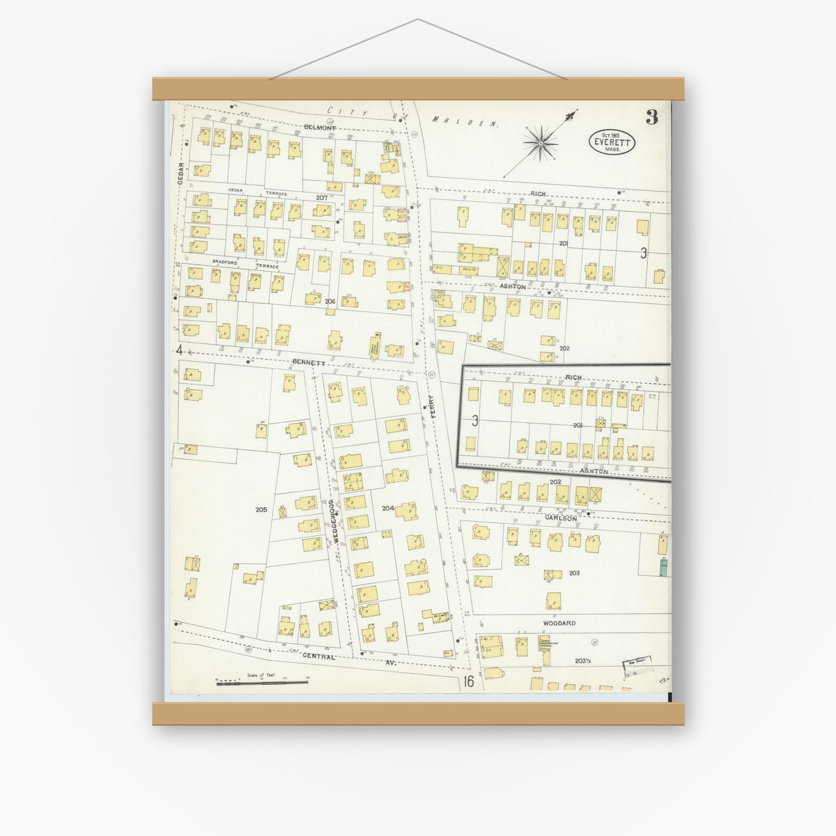 Old map wall art mockup — magnetic wood frame on white wall — Sanborn Fire Insurance Map from Everett, Middlesex County, Massachusetts (1903), Sheet #0003