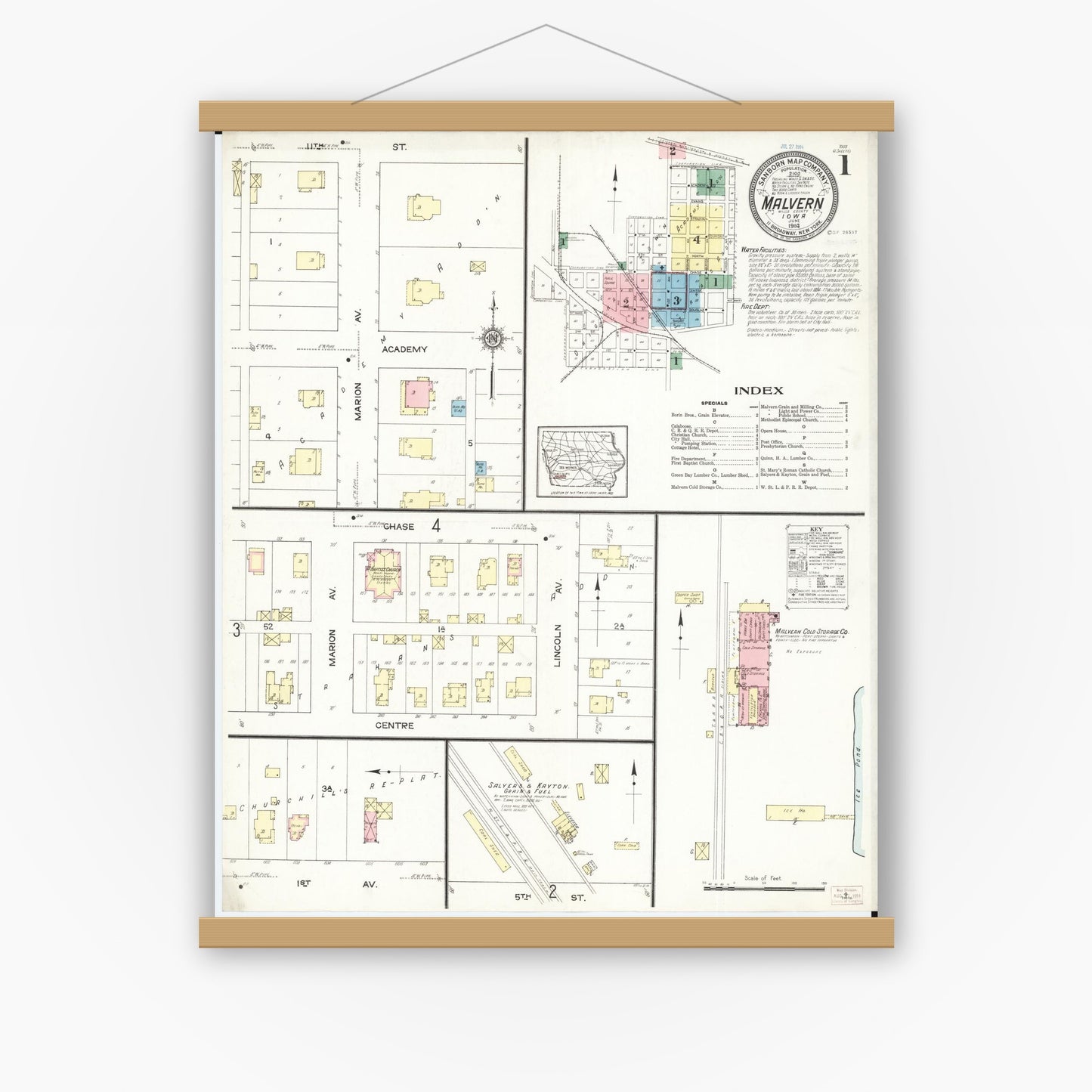 Old map wall art mockup — magnetic wood frame on white wall — Sanborn Fire Insurance Map from Malvern, Mills County, Iowa (1914) â€” Complete Set