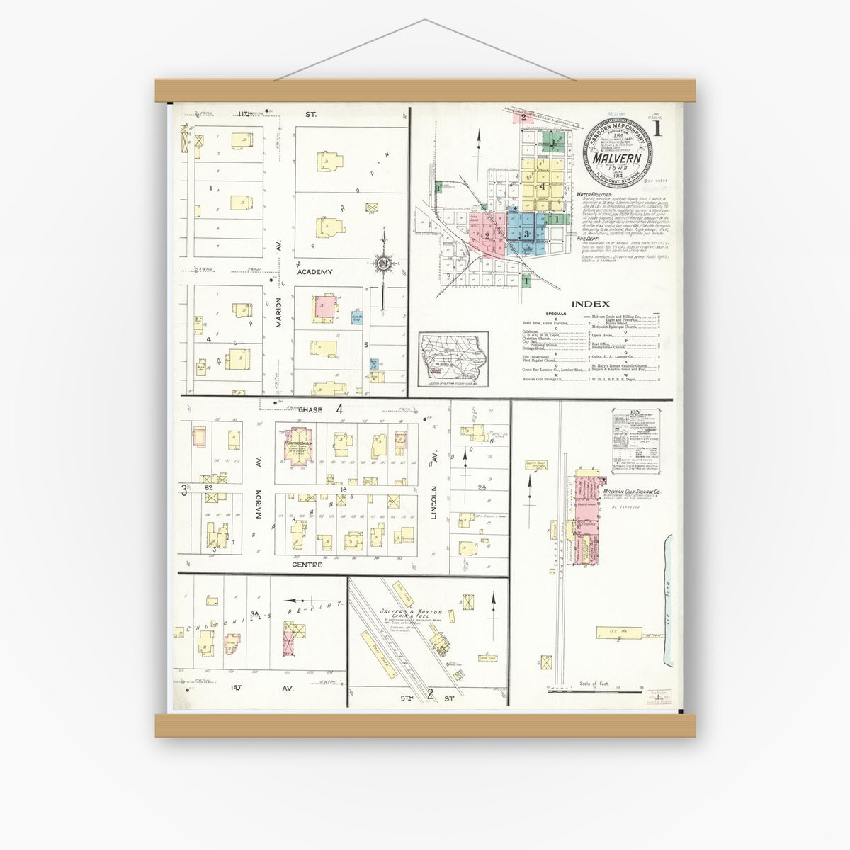 Old map wall art mockup — magnetic wood frame on white wall — Sanborn Fire Insurance Map from Malvern, Mills County, Iowa (1914) â€” Complete Set
