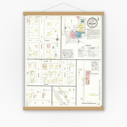 Old map wall art mockup — magnetic wood frame on white wall — Sanborn Fire Insurance Map from Malvern, Mills County, Iowa (1914) â€” Complete Set
