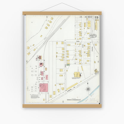 Old map wall art mockup — magnetic wood frame on white wall — Sanborn Fire Insurance Map from Marietta, Washington County, Ohio (1900), Sheet #0025