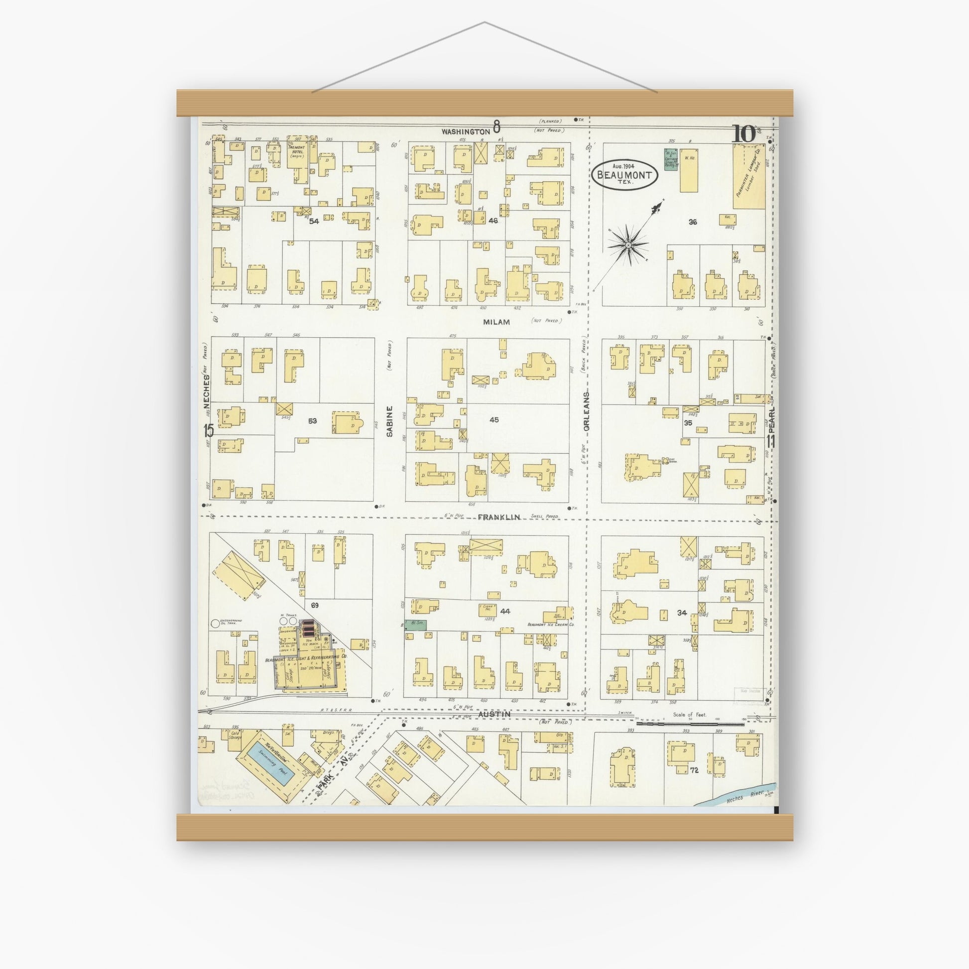 Old map wall art mockup — magnetic wood frame on white wall — Sanborn Fire Insurance Map from Beaumont, Jefferson County, Texas (1904), Sheet #0010