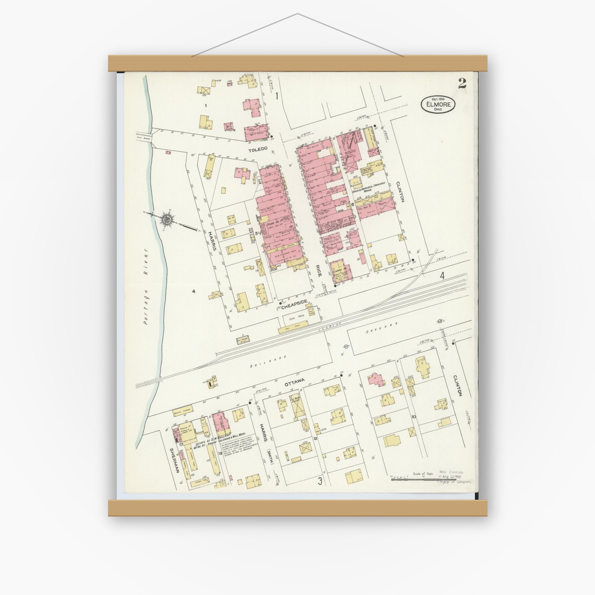 Old map wall art mockup — magnetic wood frame on white wall — Sanborn Fire Insurance Map from Elmore, Ottawa County, Ohio (1910), Sheet #0002