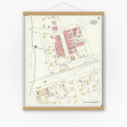 Old map wall art mockup — magnetic wood frame on white wall — Sanborn Fire Insurance Map from Elmore, Ottawa County, Ohio (1910), Sheet #0002