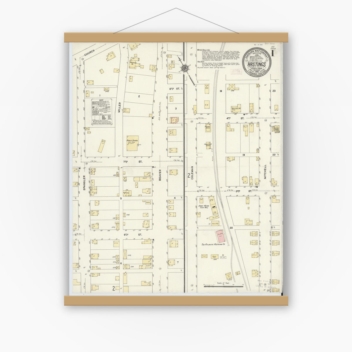 Old map wall art mockup — magnetic wood frame on white wall — Sanborn Fire Insurance Map from Hastings, Cambria County, Pennsylvania (1910) - Complete Map Set