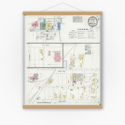 Old map wall art mockup — magnetic wood frame on white wall — Sanborn Fire Insurance Map from Carrollton, Greene County, Illinois (1898) - Complete Map Set
