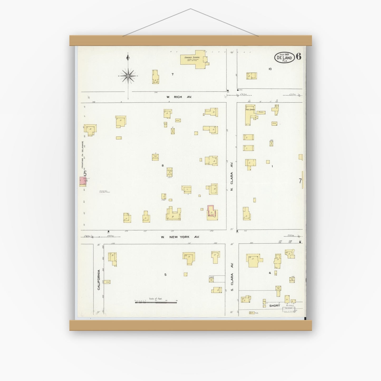 Old map wall art mockup — magnetic wood frame on white wall — Sanborn Fire Insurance Map from De Land, Volusia County, Florida (1909), Sheet #0006