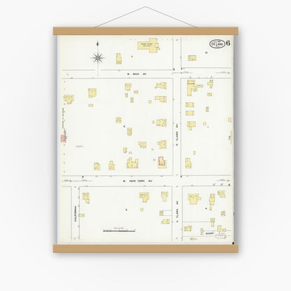 Old map wall art mockup — magnetic wood frame on white wall — Sanborn Fire Insurance Map from De Land, Volusia County, Florida (1909), Sheet #0006
