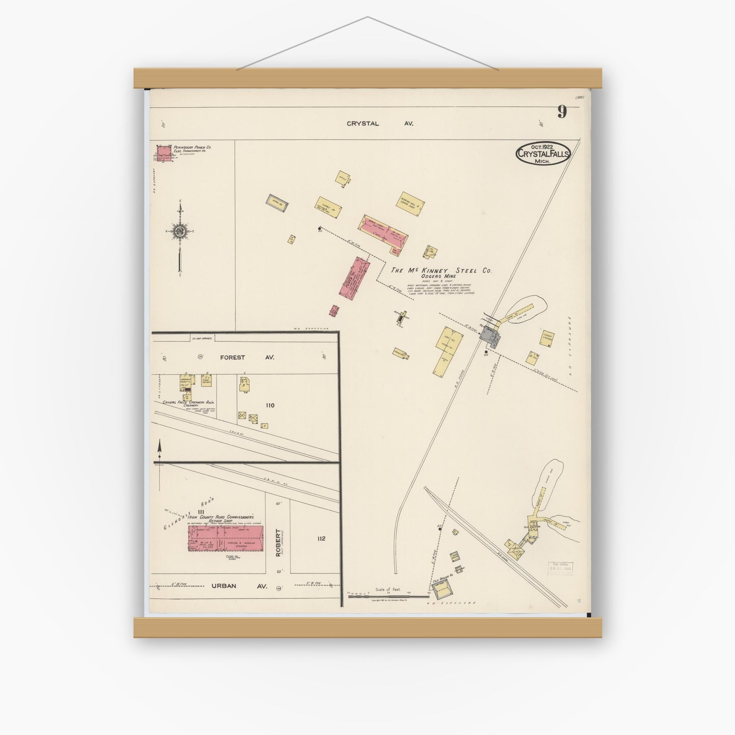 Old map wall art mockup — magnetic wood frame on white wall — Sanborn Fire Insurance Map from Crystal Falls, Iron County, Michigan (1922), Sheet #0009