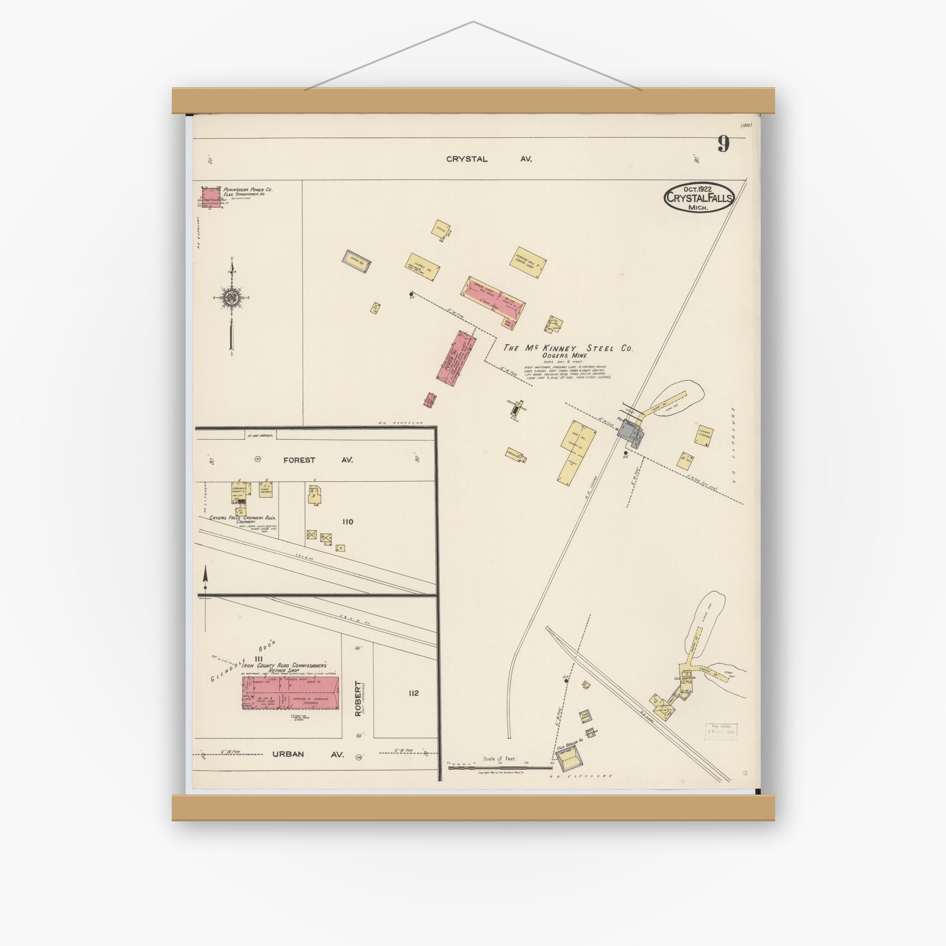 Old map wall art mockup — magnetic wood frame on white wall — Sanborn Fire Insurance Map from Crystal Falls, Iron County, Michigan (1922), Sheet #0009