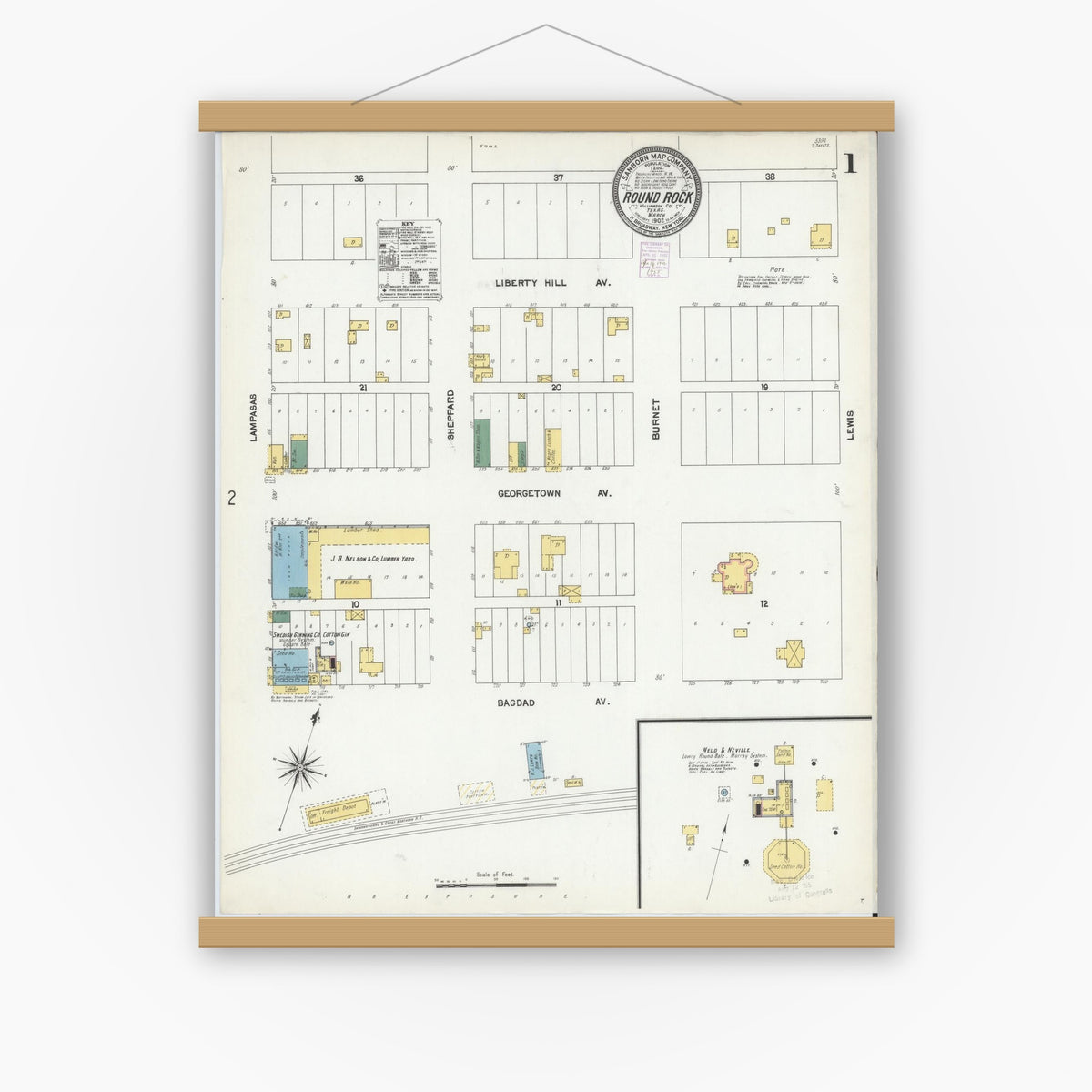 Old map wall art mockup — magnetic wood frame on white wall — Sanborn Fire Insurance Map from Round Rock, Williamson County, Texas (1902), Sheet #0001
