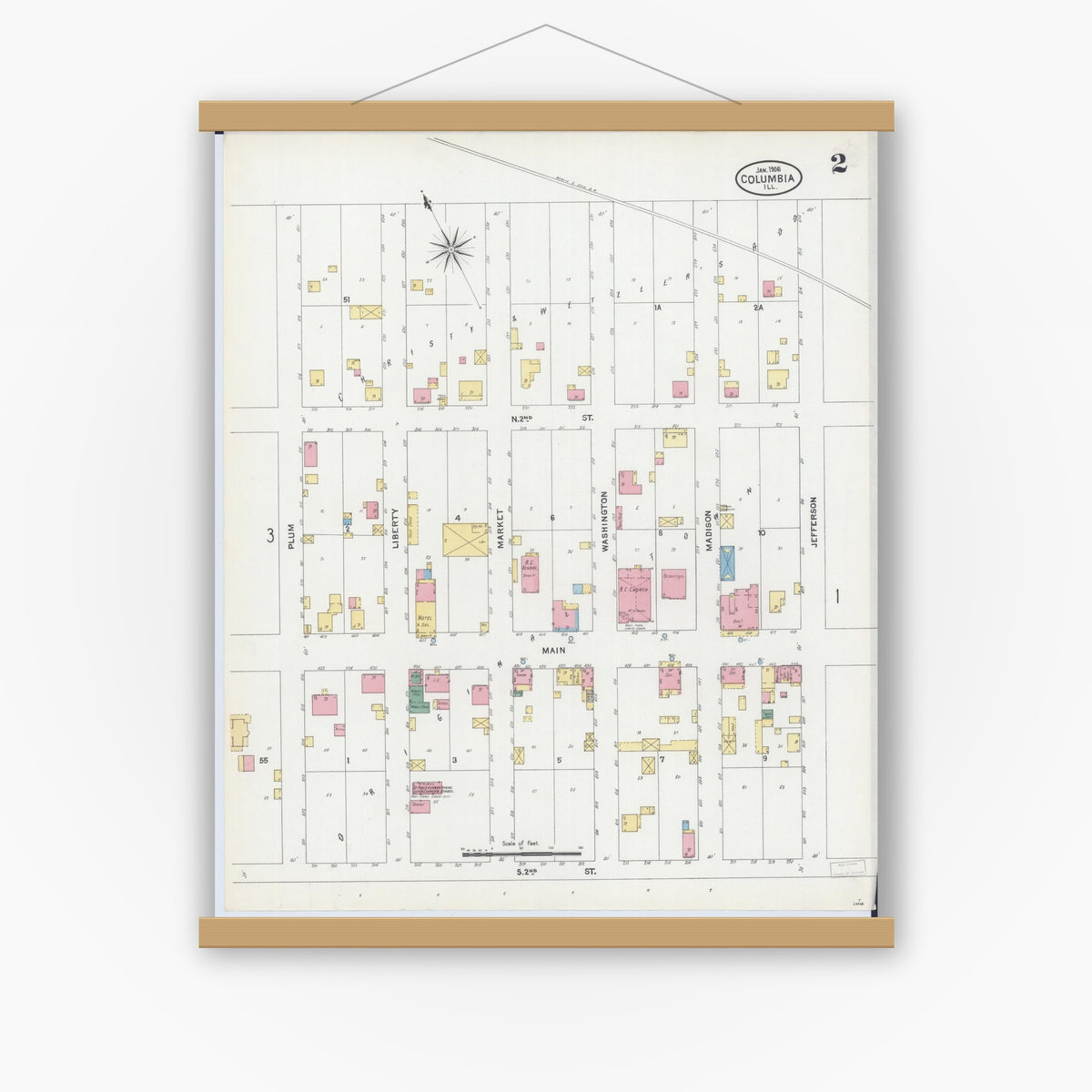 Old map wall art mockup — magnetic wood frame on white wall — Sanborn Fire Insurance Map from Columbia, Monroe County, Illinois (1906), Sheet #0002