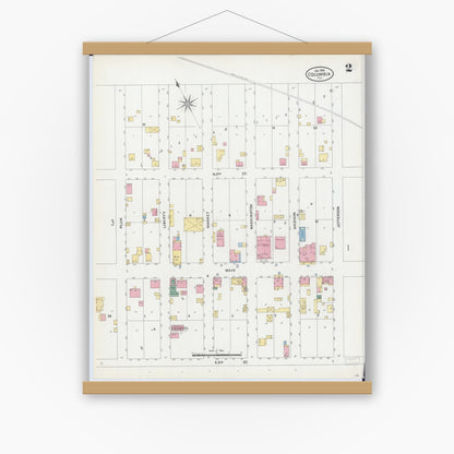 Old map wall art mockup — magnetic wood frame on white wall — Sanborn Fire Insurance Map from Columbia, Monroe County, Illinois (1906), Sheet #0002