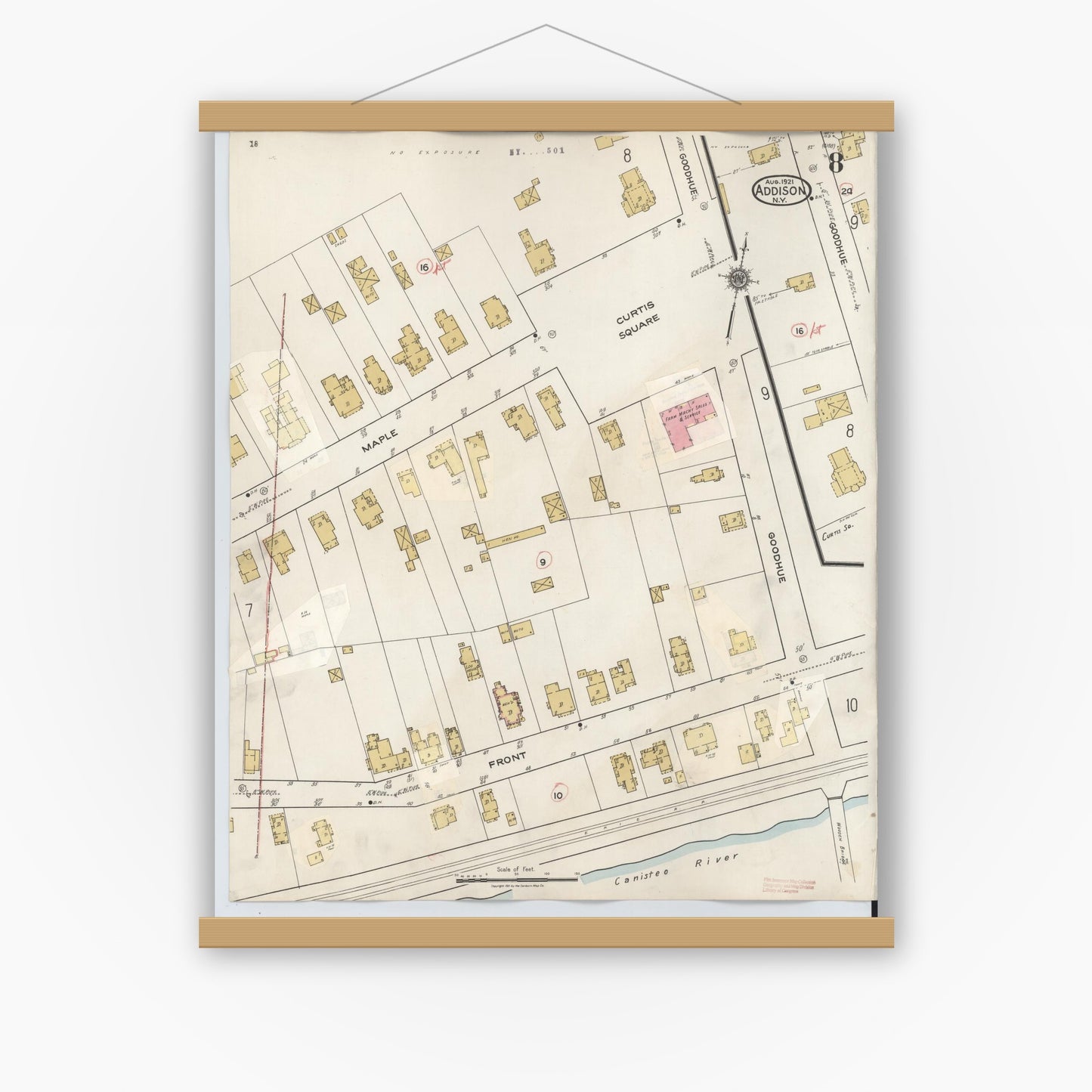 Old map wall art mockup — magnetic wood frame on white wall — Sanborn Fire Insurance Map from Addison, Steuben County, New York (1945), Sheet #0008