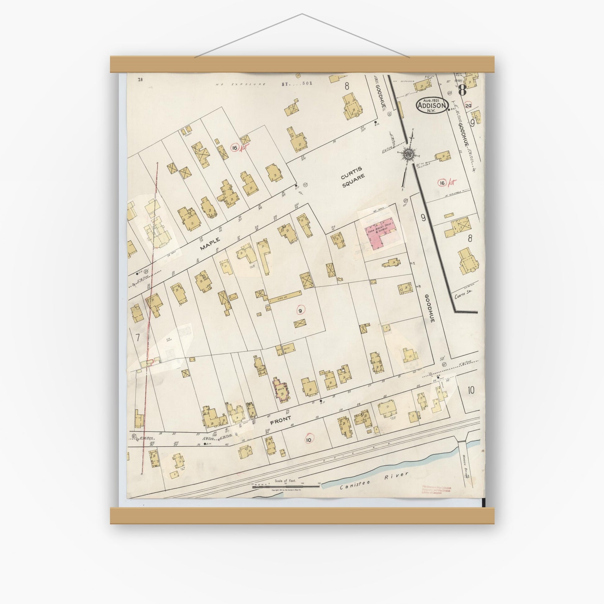 Old map wall art mockup — magnetic wood frame on white wall — Sanborn Fire Insurance Map from Addison, Steuben County, New York (1945), Sheet #0008