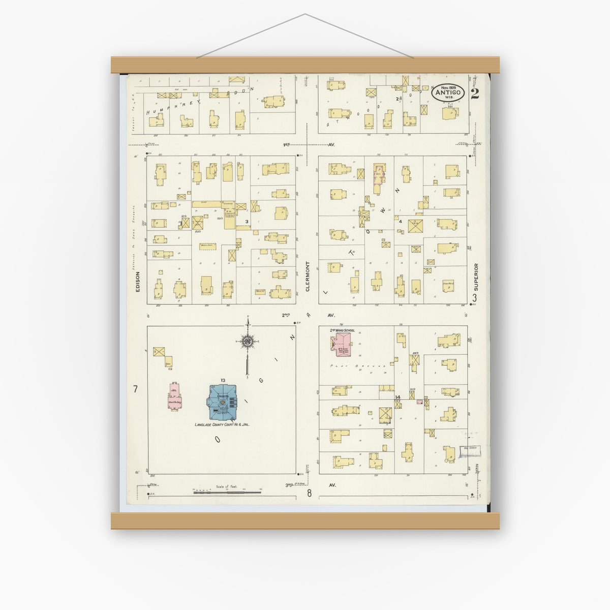 Old map wall art mockup — magnetic wood frame on white wall — Sanborn Fire Insurance Map from Antigo, Langlade County, Wisconsin (1909), Sheet #0002