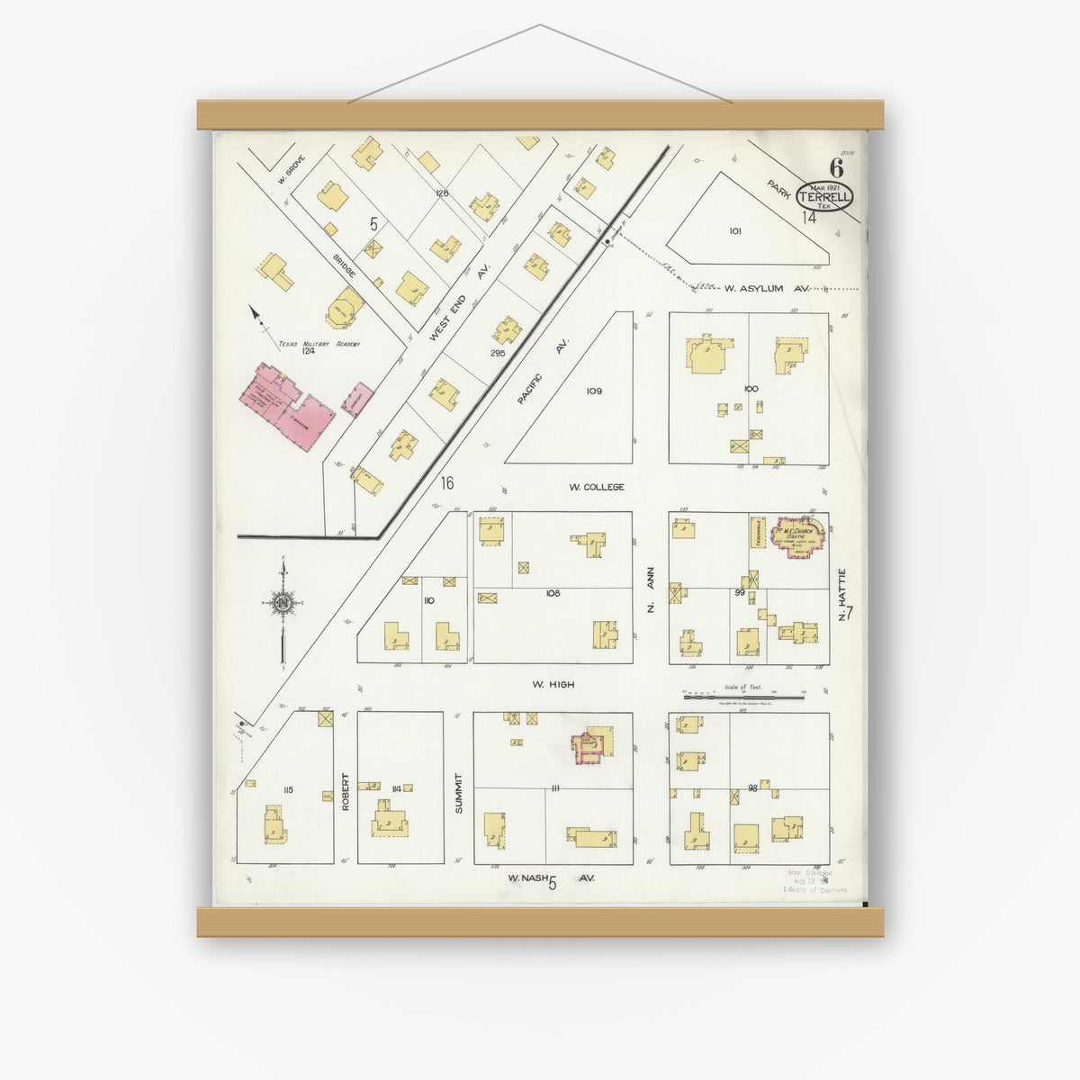 Old map wall art mockup — magnetic wood frame on white wall — Sanborn Fire Insurance Map from Terrell, Kaufman County, Texas (1921), Sheet #0006
