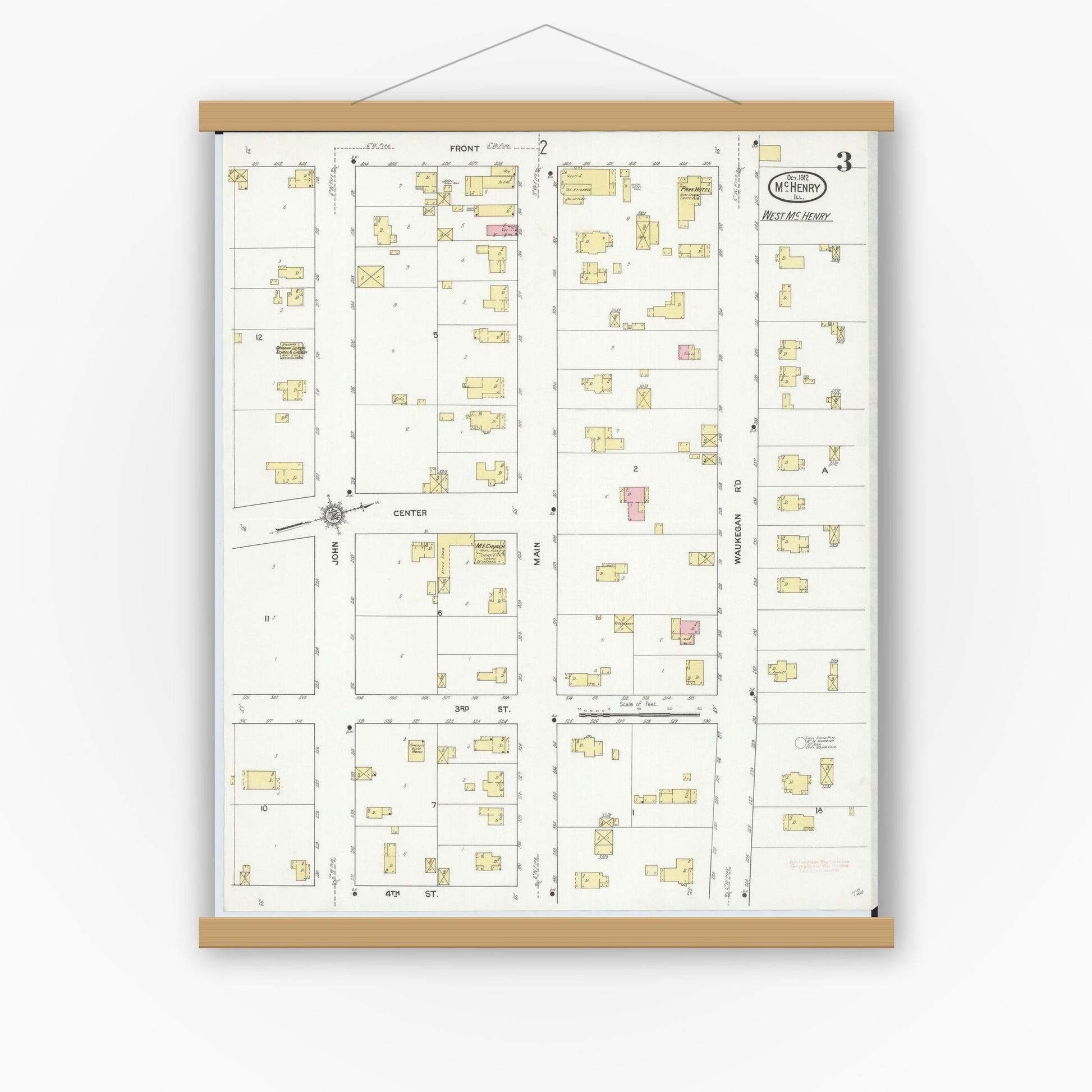 Old map wall art mockup — magnetic wood frame on white wall — Sanborn Fire Insurance Map from McHenry, McHenry County, Illinois (1912), Sheet #0003