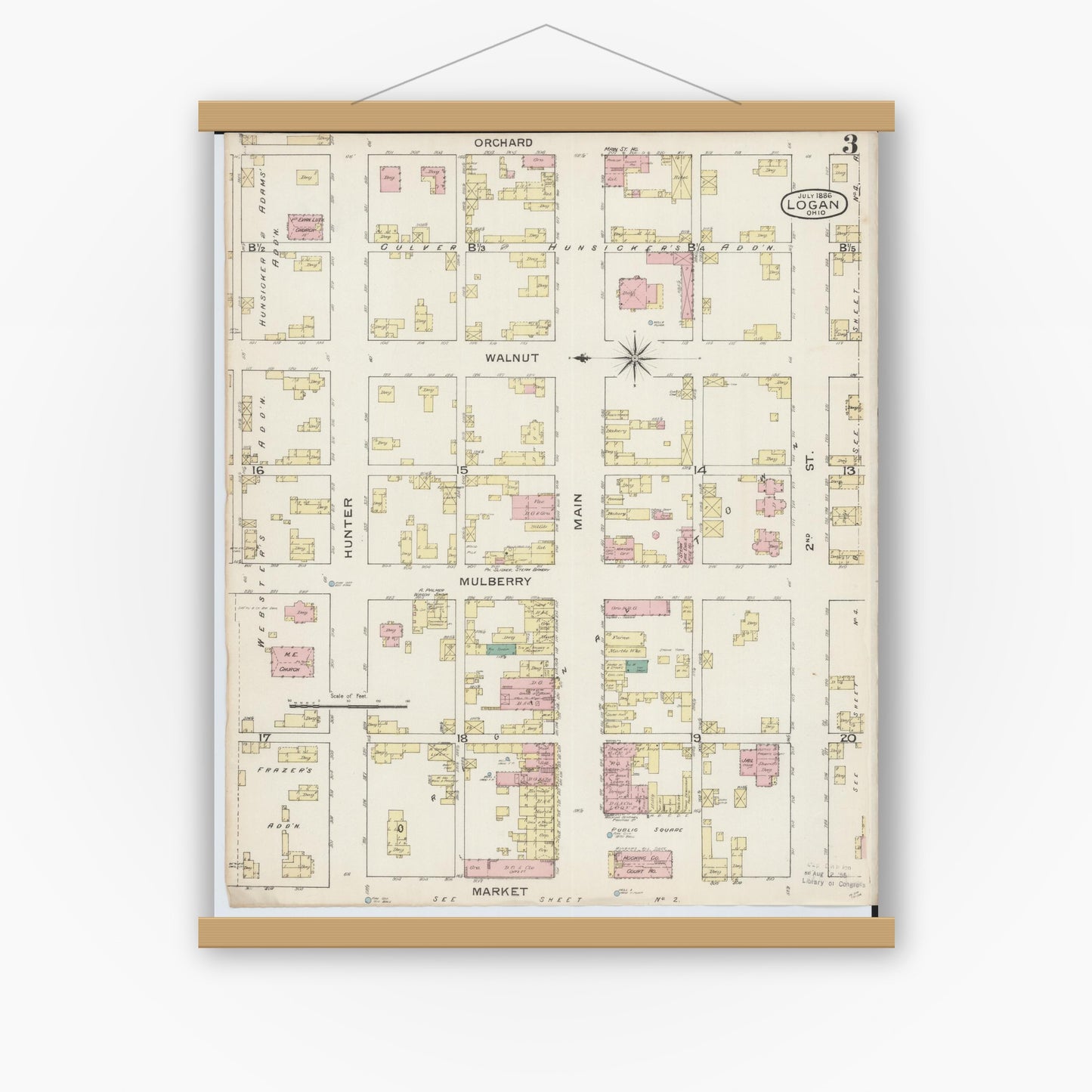 Old map wall art mockup — magnetic wood frame on white wall — Sanborn Fire Insurance Map from Logan, Hocking County, Ohio (1886), Sheet #0003