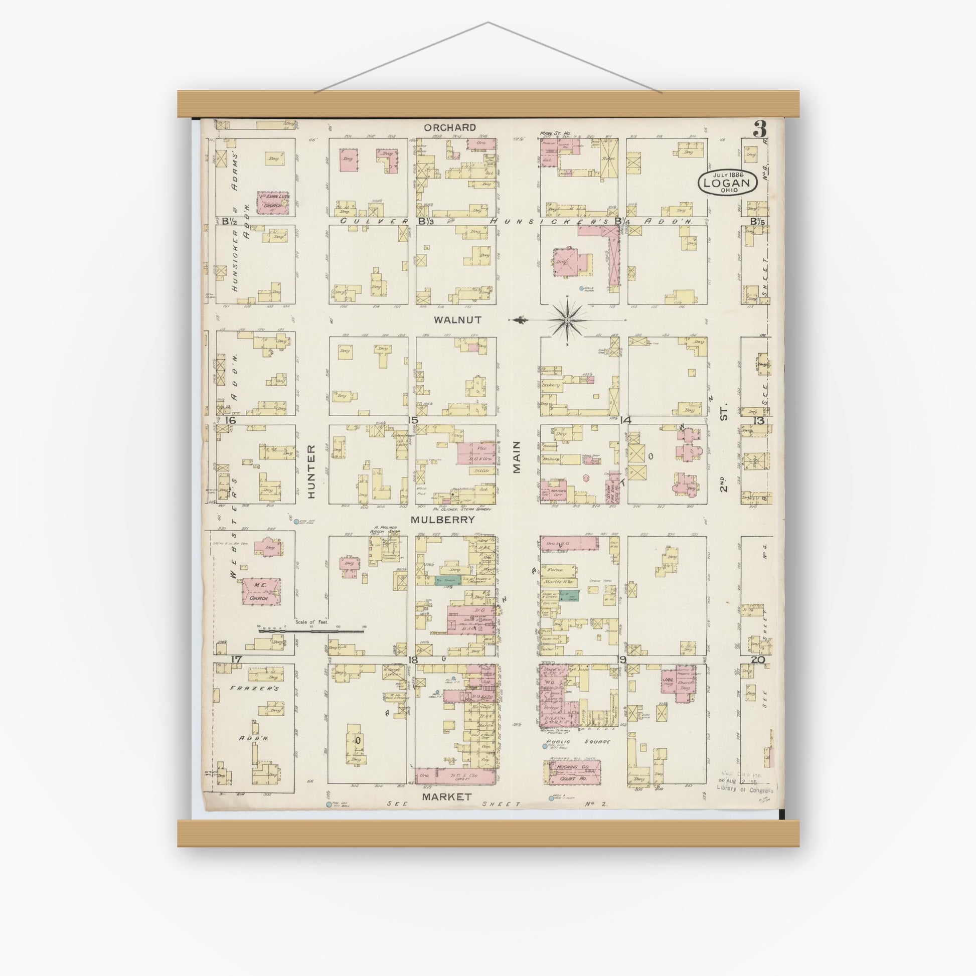 Old map wall art mockup — magnetic wood frame on white wall — Sanborn Fire Insurance Map from Logan, Hocking County, Ohio (1886), Sheet #0003