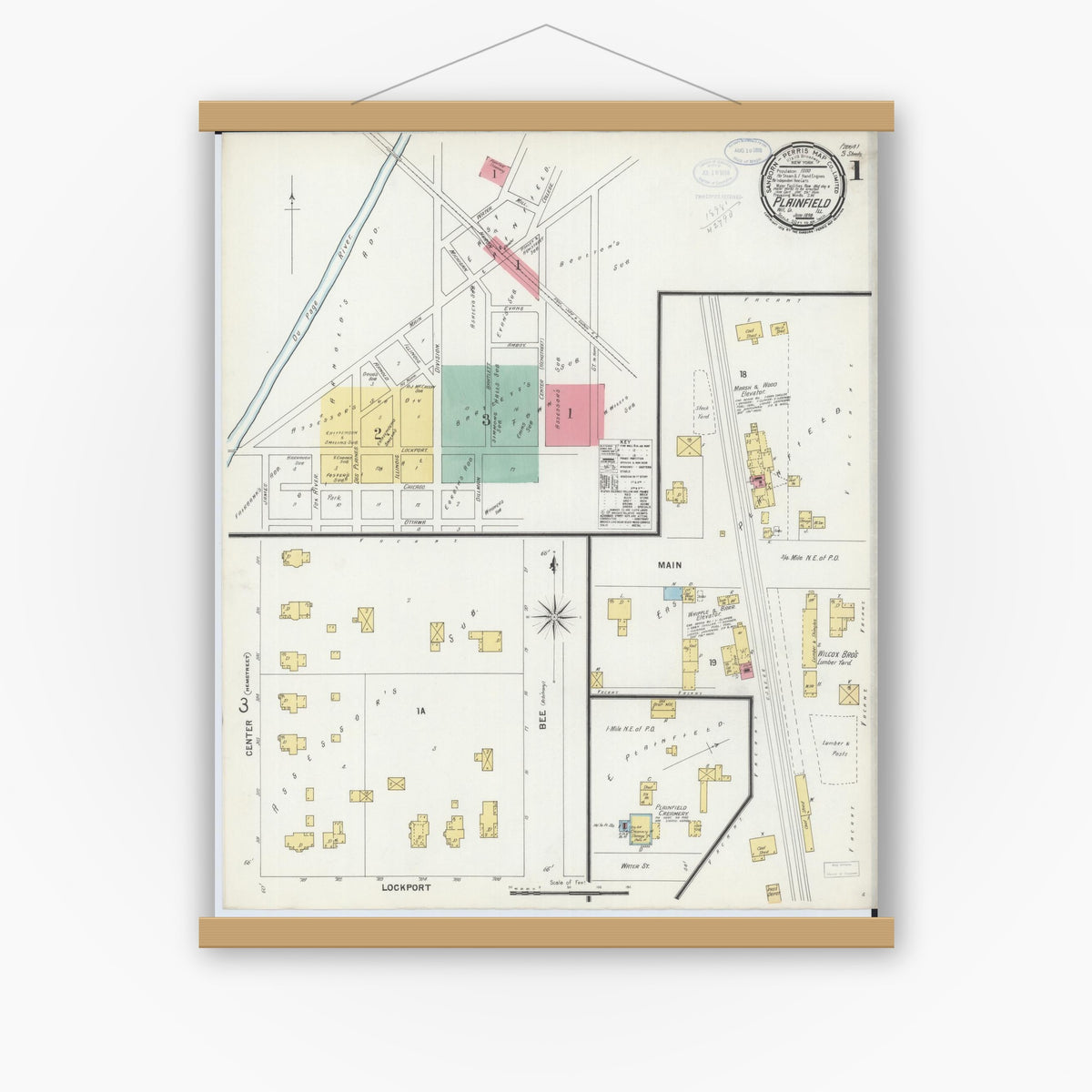Old map wall art mockup — magnetic wood frame on white wall — Sanborn Fire Insurance Map from Plainfield, Will County, Illinois (1898) - Complete Map Set