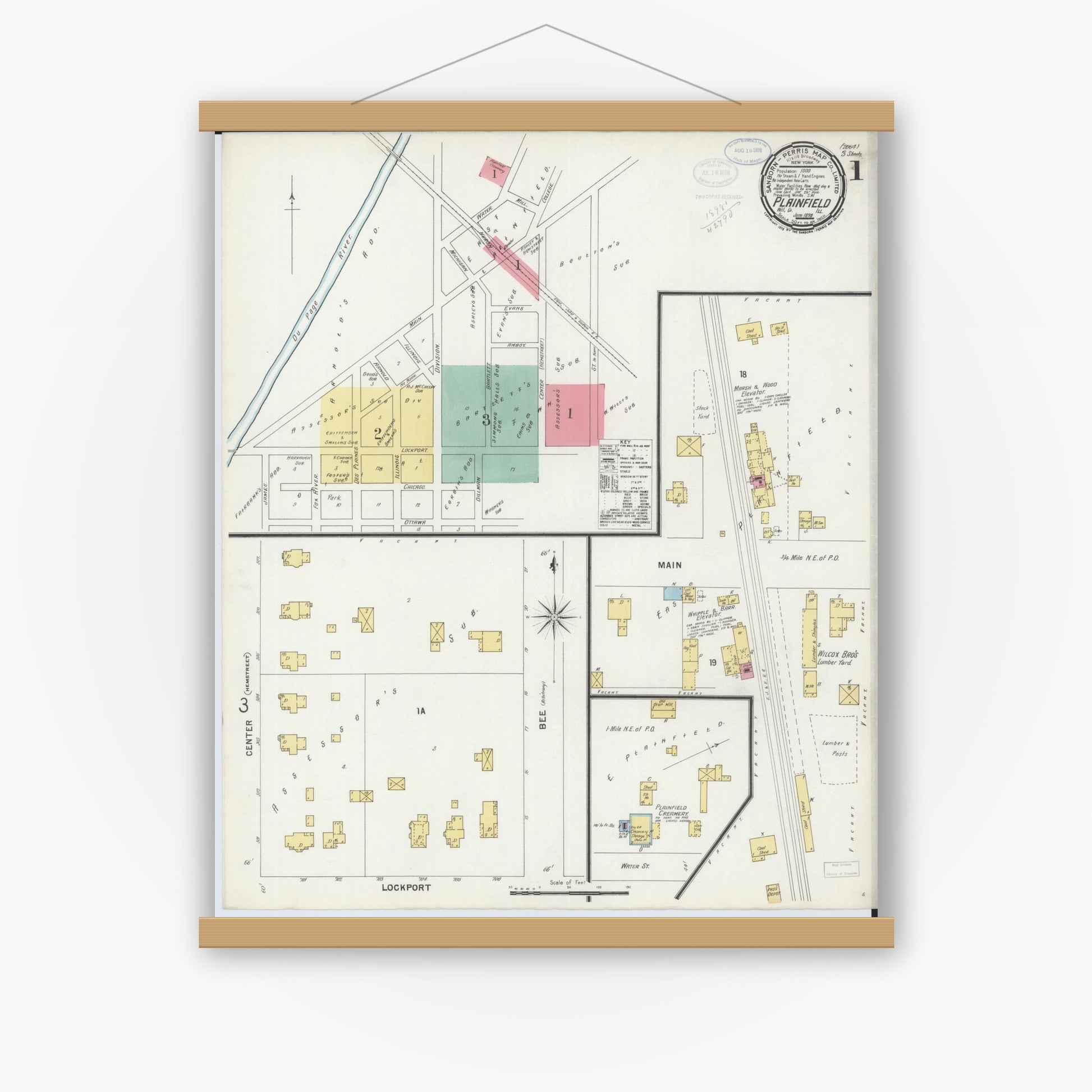 Old map wall art mockup — magnetic wood frame on white wall — Sanborn Fire Insurance Map from Plainfield, Will County, Illinois (1898) - Complete Map Set
