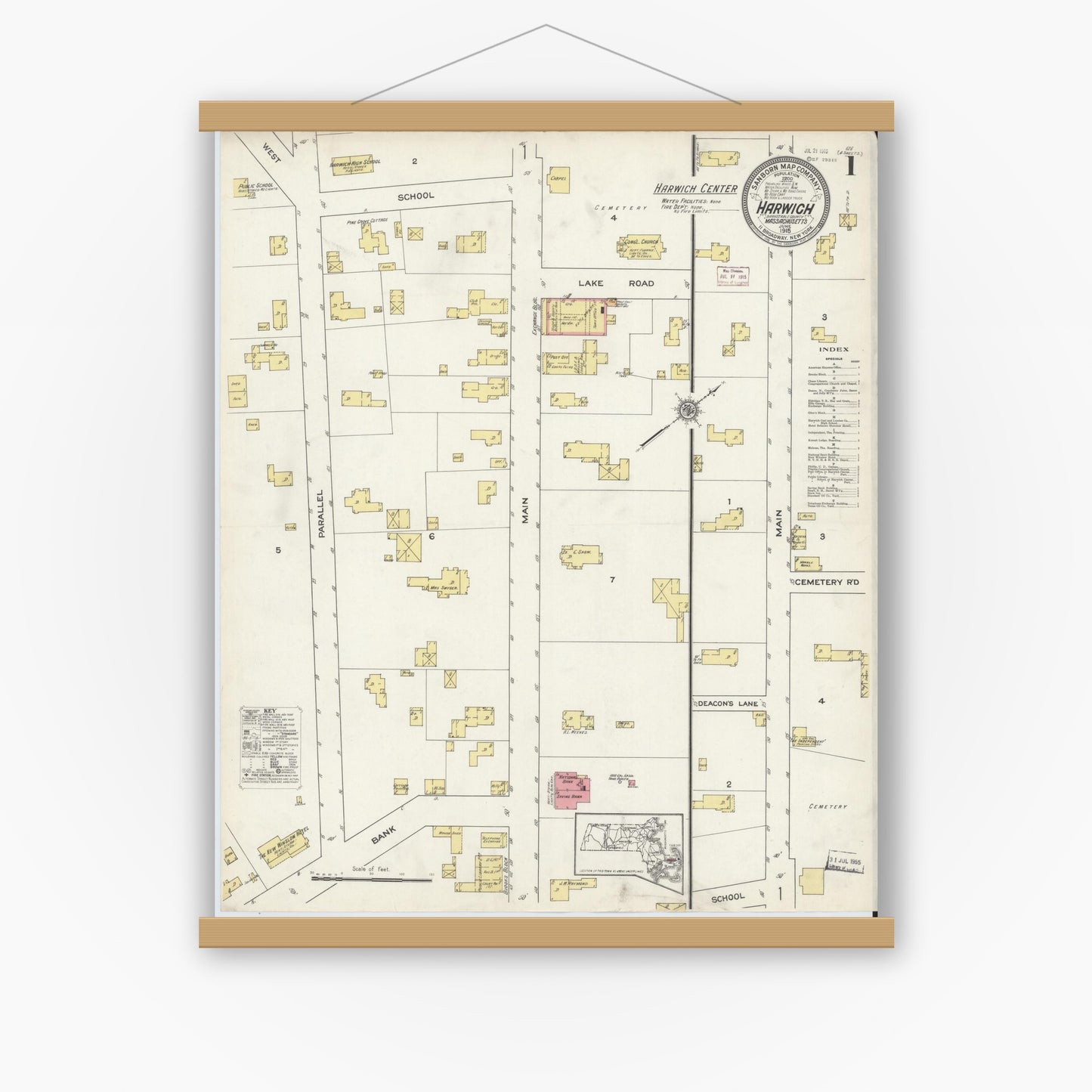 Old map wall art mockup — magnetic wood frame on white wall — Sanborn Fire Insurance Map from Harwich, Barnstable County, Massachusetts (1915) - Complete Map Set