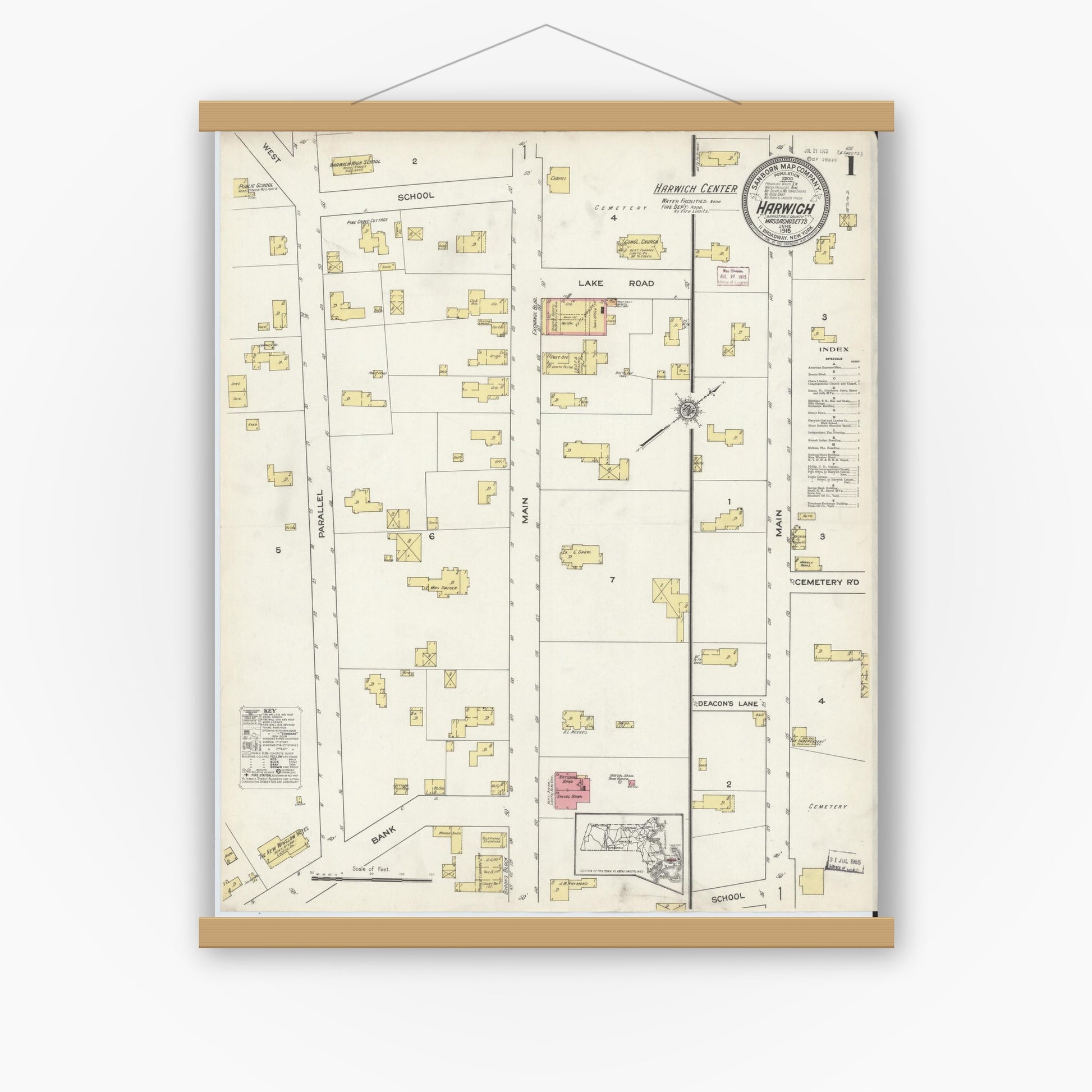 Old map wall art mockup — magnetic wood frame on white wall — Sanborn Fire Insurance Map from Harwich, Barnstable County, Massachusetts (1915) - Complete Map Set