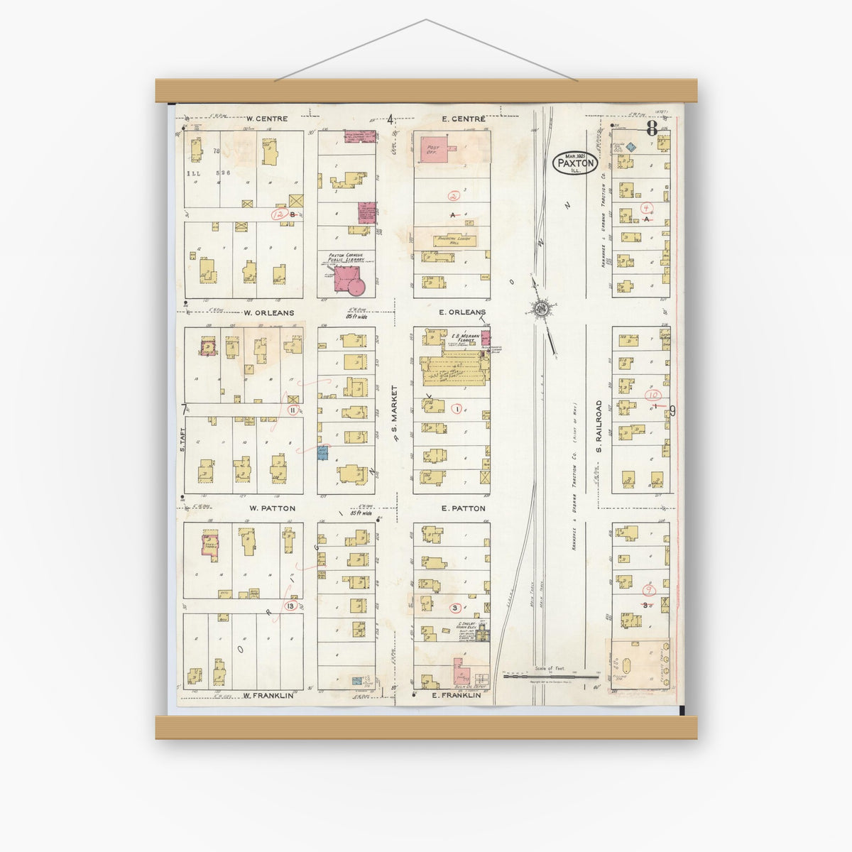 Old map wall art mockup — magnetic wood frame on white wall — Sanborn Fire Insurance Map from Paxton, Ford County, Illinois (1932), Sheet #0008