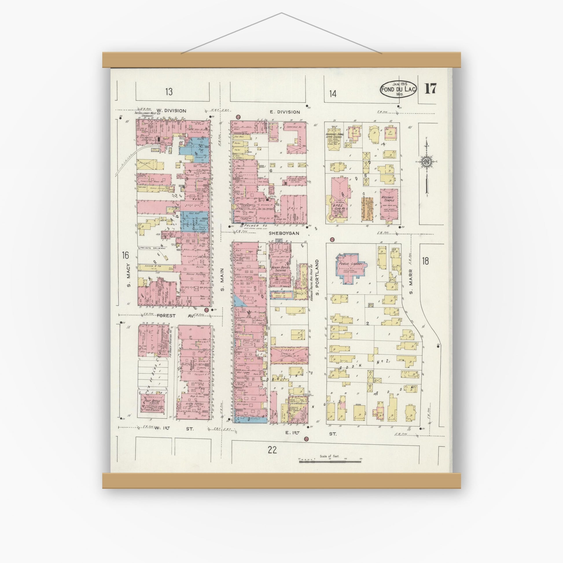Old map wall art mockup — magnetic wood frame on white wall — Sanborn Fire Insurance Map from Fond du Lac, Fond du Lac County, Wisconsin (1915), Sheet #0017